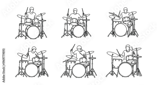 Six depictions of drummers playing their drum sets in a minimalist style