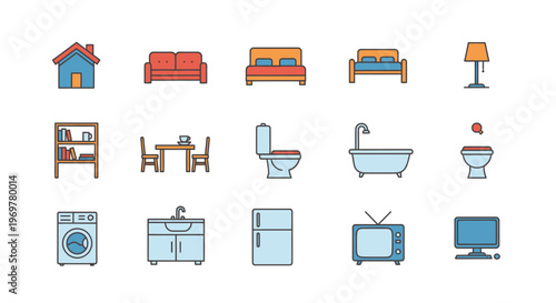 Illustrated Home Essentials: A Collection of Colorful Icons Representing Interior Elements