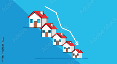 Real estate market crash concept illustration with a row of decreasing size houses and a downward pointing graph arrow.