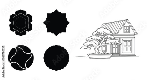 Line art illustration of six houses each with a bonsai tree