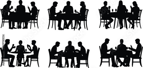 Café conversation silhouettes, people at tables, social interaction vector artwork, dining motif illustration, communication design element, decorative background pattern
