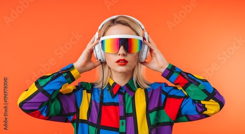 Vibrant retro-futuristic woman with bold colorful geometric print shirt and futuristic visor headphones on orange background