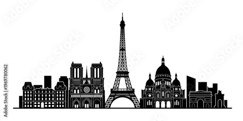 Detailed black silhouette Paris skyline vector panorama featuring the eiffel tower surrounded by notre dame, sacre coeur and iconic french city architecture