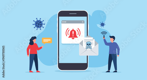 Mobile security threats illustration showing two people alerted to malware, phishing emails, and viruses on a large smartphone screen.
