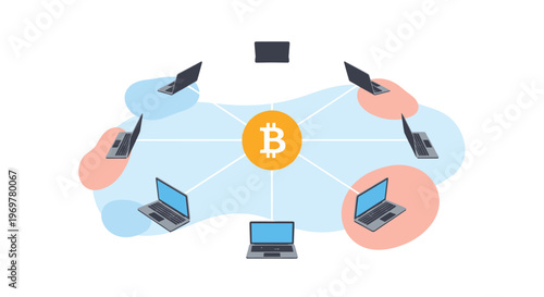 Distributed ledger and bitcoin network concept with multiple laptops connected to a central cryptocurrency coin illustration.