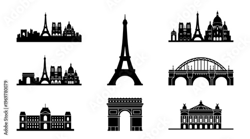 Paris skyline silhouette vector collection featuring isolated eiffel tower, arc de triomphe, bridge and historic french architecture elements for travel design