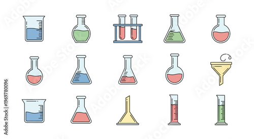 Illustrated laboratory equipment icons featuring colorful beakers, flasks, and funnels for science
