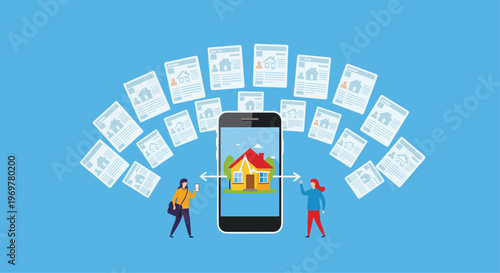 Real estate mobile application concept with a smartphone displaying a property surrounded by various home listing documents and users.
