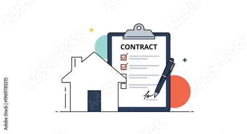 Real estate contract and home buying agreement concept showing a property outline with a signed document on a clipboard and a pen.