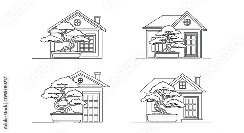 Line art illustration of six houses each with a bonsai tree