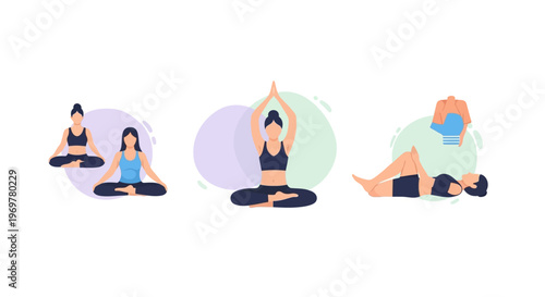 Illustrated yoga sequence featuring diverse asanas performed by simplified female figures
