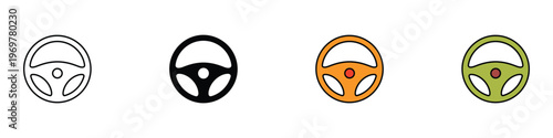 Car steering wheel icon set for automotive navigation, driving control, and vehicle interior design elements. Transportation symbol collection. Vector Illustration.