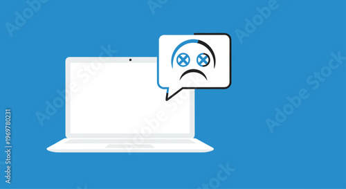 Computer error or technical problem concept showing a laptop with a speech bubble containing a blue sad face icon on a blue background.