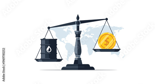 Global energy market economics concept featuring a balance scale weighing oil against a gold dollar coin over a faint world map.