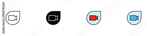 Video camera app icon set with teardrop shape for multimedia recording and digital communication. Colorful film symbols for mobile interface. Vector Illustration.