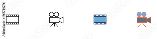 Classic movie film strip and cinema video camera icon set for film production, cinematography, and multimedia entertainment concepts. Motion picture recording symbols. Vector Illustration.