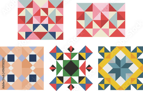 Colorful quilt block patterns, geometric triangle square diamond motifs, abstract decorative design, modern vector artwork, symmetrical mosaic background illustration