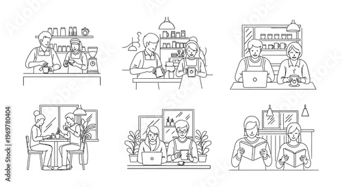 People enjoying coffee and working in a cozy cafe setting