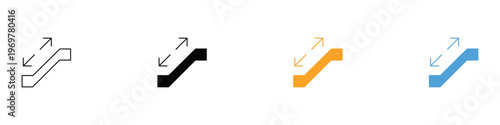Escalator icon set with up and down arrows for shopping mall navigation, airport transit, and public transportation guidance. Moving stairs symbols. Vector Illustration.