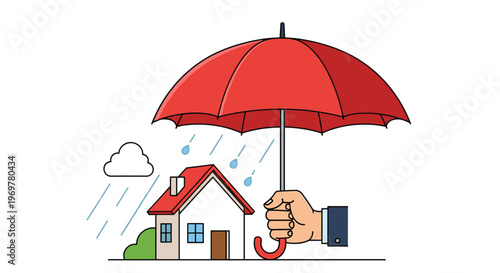 Home insurance and property protection concept showing a businessman's hand holding a large red umbrella over a house in the rain.