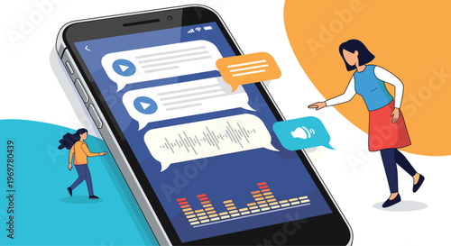 Mobile messaging and voice communication app concept with two women standing by a large smartphone displaying audio wave messages.