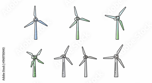 Illustration depicting various wind turbines with different color schemes on a white backdrop