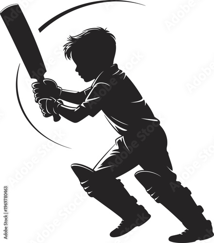 Cricket batsman silhouette, player in batting stance, sports vector artwork, dynamic athletic design, modern decorative motif, energetic background illustration