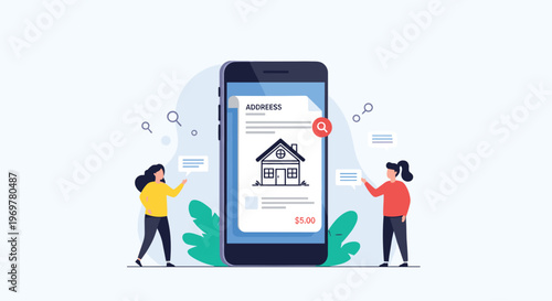 Real estate search and property appraisal mobile app concept showing a smartphone with a house listing and two interested users.