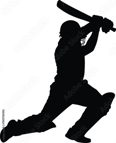 Cricket batsman silhouette, player in dynamic shot, sports vector artwork, athletic design motif, modern decorative illustration, energetic background pattern