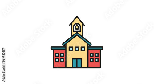 Illustration of a Colorful School Building with Bell Tower on a White Background