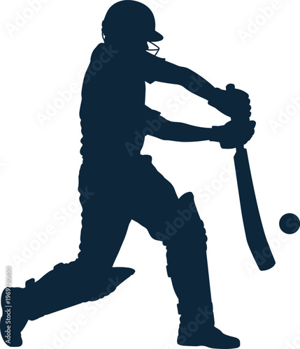 Cricket batsman silhouette, player striking ball, sports vector artwork, dynamic athletic design, modern decorative motif, energetic background illustration