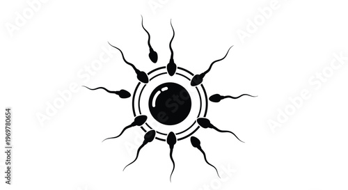 Biological illustration of fertilization process showing multiple sperm cells swimming towards a central human egg cell for conception.