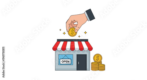 Small business investment and local retail funding concept showing a hand placing a gold coin into a shop building with an open sign.