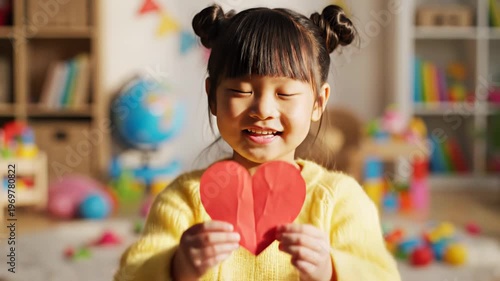 Young Asian girl with pigtails joyfully holds a red paper heart in a colorful playroom filled with toys and educational materials, showcasing her creativity and happiness