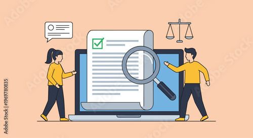 Legal compliance and document verification concept showing a man and woman examining a digital contract on a laptop screen.