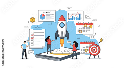 Mobile app launch and startup business project strategy concept featuring a rocket taking off from a smartphone screen with team members.