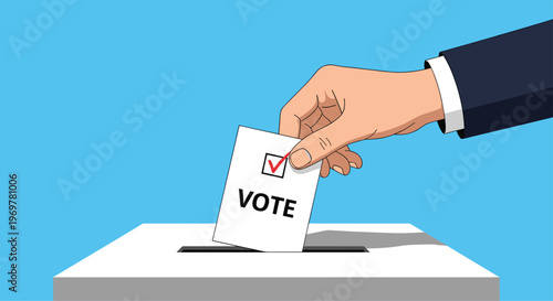Democracy and election concept featuring a hand in a suit sleeve placing a marked vote ballot into a secure white voting box.