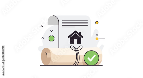 Real estate property ownership and legal contract concept showing a house icon on a document with a rolled paper and checkmark.