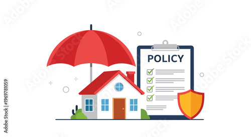 Comprehensive home insurance policy document featuring a red umbrella and protective shield to ensure property security.