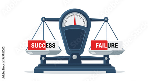 Conceptual balance scale comparing success and failure options with a needle pointing towards the center on a white background.