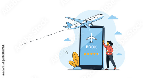 Online flight booking through a mobile application showing an airplane taking off and a woman interacting with a smartphone.
