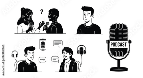 Vintage camera interviewer and broadcast elements in a monochrome style