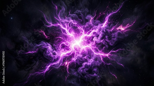 Vibrant neon violet energy explosion emanating from a bright central core swirling abstract fractal shapes and wisps of glowing cosmic smoke against a dark mysterious nebula