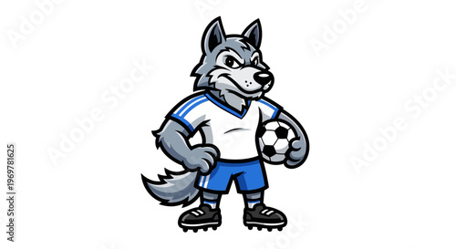 Wolf Mascot with Soccer Ball Ready for Game.