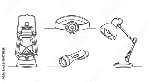 A collection of four vintage kerosene lanterns in black and white