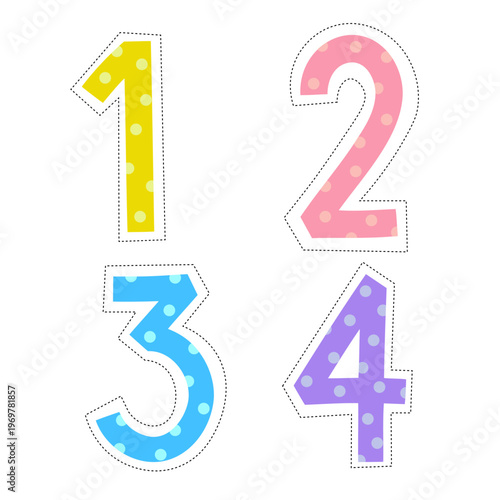Colorful numbers 1 to 4 with playful polka dot patterns, designed for children's learning. The bright and cheerful design is perfect for educational materials, worksheets, counting activities, and pre