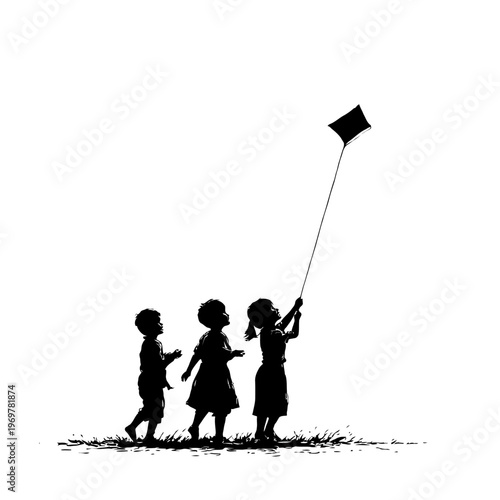 Children Flying a Kite in a Grassy Field Silhouette
