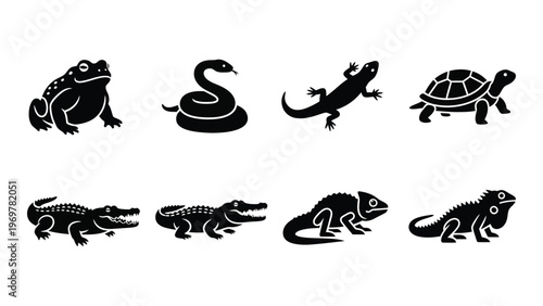A collection of reptile and amphibian icons displayed in solid black creating a striking visual silhouette high quality professional detailed modern