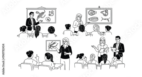 A medical lecture hall with instructors presenting anatomical illustrations