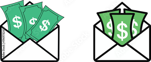 Cash in envelope icon set, money wage, financial bonus, salary payment, dollar banknotes in postal mail.
